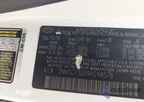 2009 Hyundai Santa Fe Gls from USA, damaged, VIN 5NMSG73D09H248578